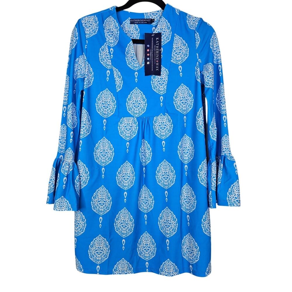 NEW Katherine Way XS Blue Leaf Tunic Dress Pockets Costal Preppy Bell Sleeve